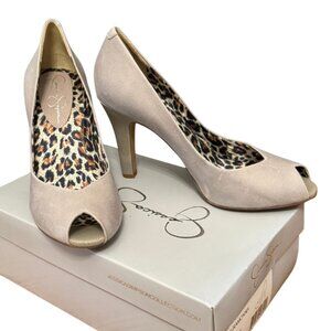 Jessica Simpson Ramonna Ash Grey Oakes Leather Peep Toe Heels Size 9 EUC